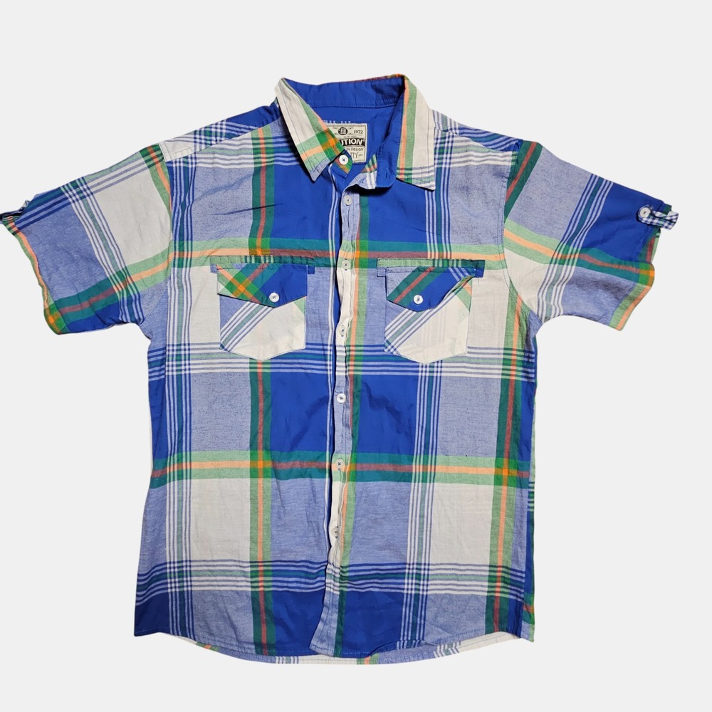 Vintage Evolution Plaid Flannel Button Up Short Sleeve Shirt XL Cotton‎ Blend